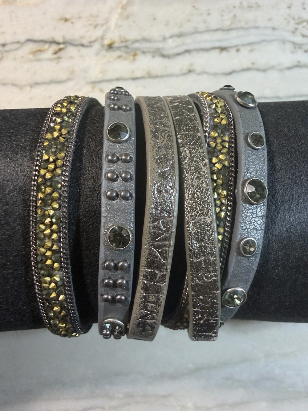 Silver and Gold-Tone Leather Multi-Row Studded Wrap Bracelet
